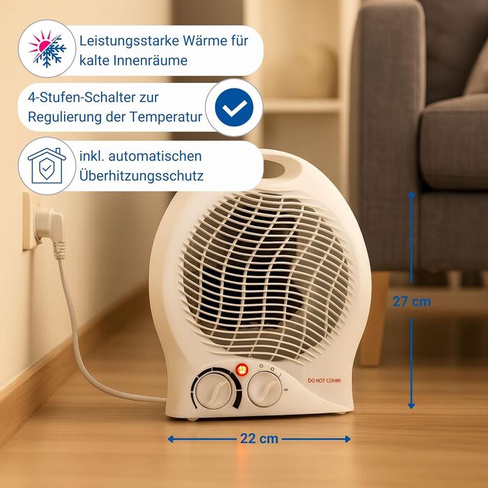 Мобільний вентилятор-обігрівач потужністю 2000 Вт з вентилятором - дуже тихий настільний обігрівач - портативний обігрівач з термостатом та 4-ступінчастим перемикачем - енергозберігаючий вентилятор (білий) Малий розмір