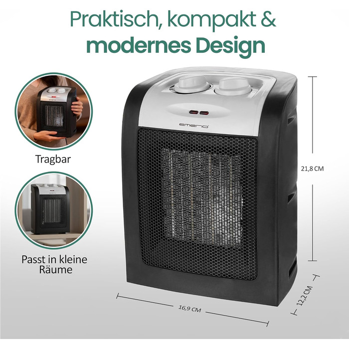 Керамічний вентилятор-обігрівач Emerio 1800 Вт ECO, два рівні потужності, енергозберігаюча робота завдяки PTC (керамічному) нагрівальному елементу, термостат, із запобіжним вимикачем, функція вентилятора, FH-106145 Чорний