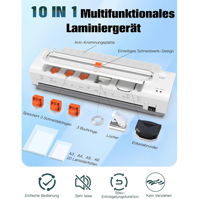 Дюймовий ламінатор A3 з автоматичною подачею паперу, гаряче та холодне ламінування A3, 20 пакетів для ламінування, комплект 10-в-1 з різаком, тримером та закруглювачем кутів для офісу, школи та дому, білий ламінатор A3, білий, 13-