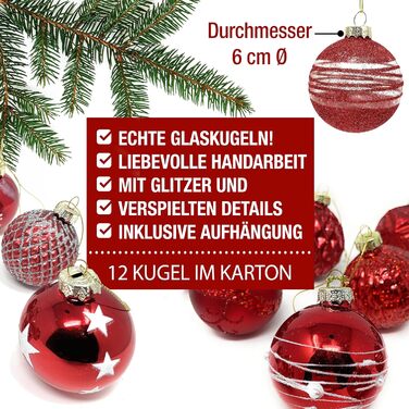 Червоні скляні ялинкові прикраси набір з 12 шт TOBJA