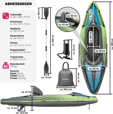 Надувний каяк tectake, надувний каное/велосипедний човен на 1 особу з подвійним веслом та аксесуарами сидінням, насосом, сумкою для транспортування, для водних видів спорту, відпочинку, риболовлі, веслування