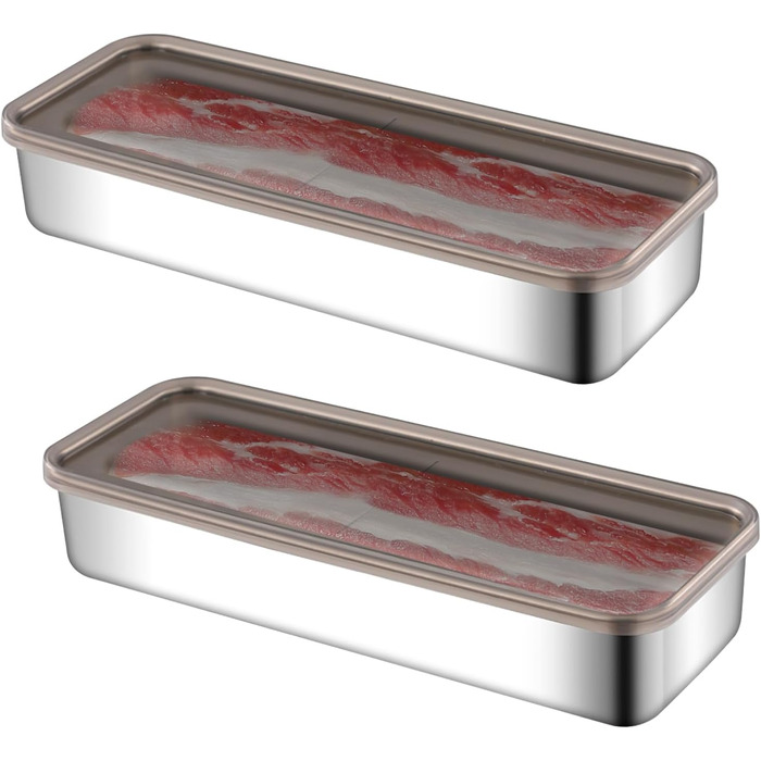 Набір із 2 коробок для зберігання делікатесів, коробки для делікатесів з нержавіючої сталі 26,5*5*10 см для холодильника з кришками, контейнери для зберігання продуктів, що штабелюються, коробки для зберігання бекону, м&39яса, овочів у холодильнику 01