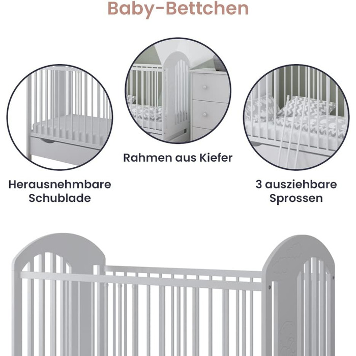 Дитяче ліжечко Kiki Design з шухлядою та матрацом, дитяче ліжечко з поролоновим матрацом 120x60 см, регульована висота, соснова деревина, з мотивом ведмедика - дитяче ліжко - дитяче ліжко - дитячі ліжка - ліжко дитяче колір білий