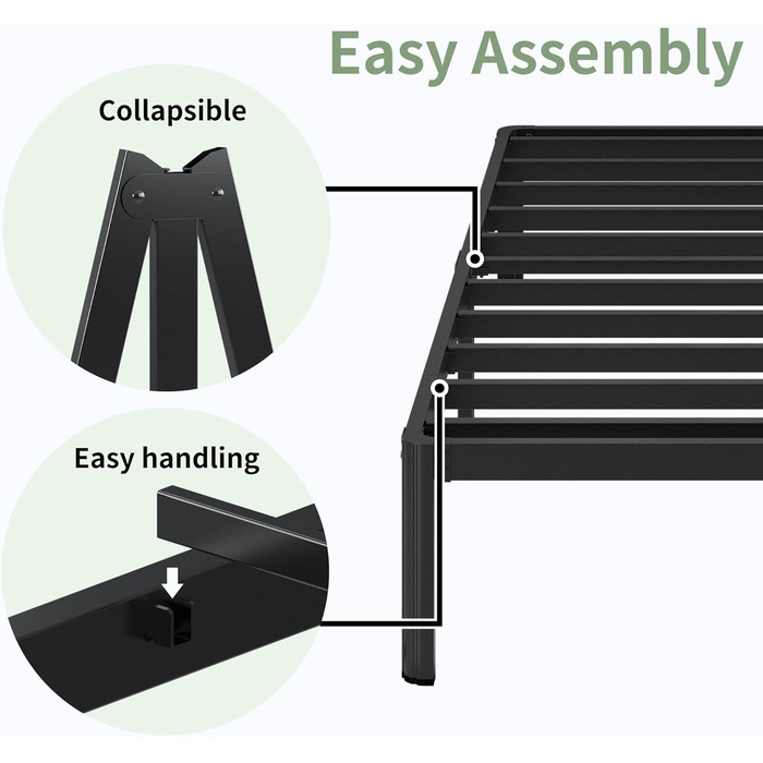 Металеве ліжко 180x200 см з круглими ніжками, висота 46 см, каркас двоспального ліжка з металевою рейковою основою, чорний колір 180 x 200 см 46 см