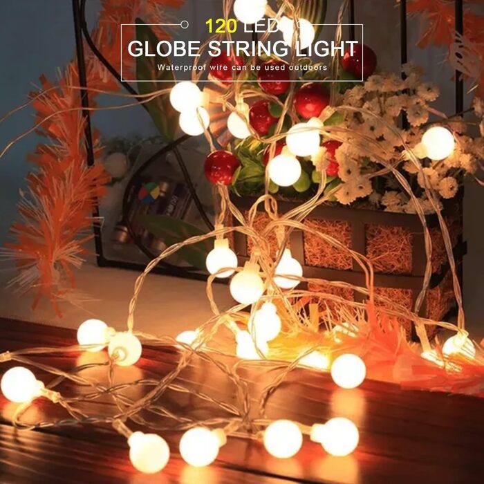 Зовнішні струнні ліхтарі Liyade, 15M 120 світлодіодних кульових струнних ліхтарів на відкритому повітрі, 8 режимів та функція позн