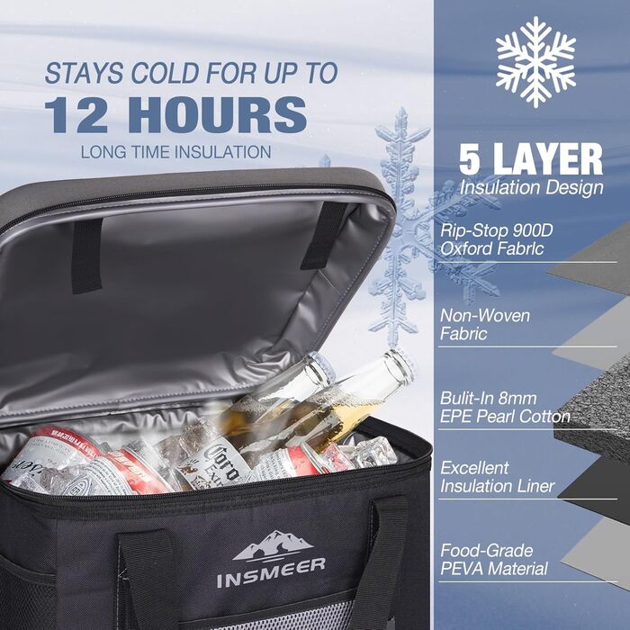 Велика сумка-холодильник 40 л, сумка-холодильник на 60 банок, складна з твердим дахом з EVA, водонепроникна велика сумка-холодильник, коробка-холодильник, ізольована сумка, термосумка для кемпінгу, пікніка, пляжу, сіра