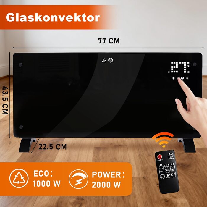 Електричний конвекторний обігрівач Citybee - скляний обігрівач з термостатом, енергозберігаючий, тихий, окремостоячий скляний конвектор - електричний радіатор з пультом дистанційного керування та сенсорним дисплеєм, таймер, 2000 Вт, до 30 м
