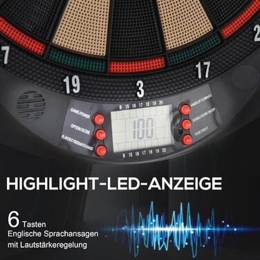 Електронна мішень для дартсу HOMCOM з автоматичним підрахунком очок, набір дротиків з 6 дротиками, 30 головками для дротиків, 26 іграми та 185 варіантами влучань для 8 гравців, звукові ефекти, чорний колір, 44 x 39,5 x 2,2 см