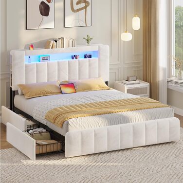 М&39яке ліжко 140x200 см з місцем для зберігання - 4 шухляди, Дитяче ліжко зі світлодіодним освітленням та зарядною станцією, Двоспальне ліжко з оксамитовим узголів&39ям, Ліжко 140x200 з рейковим каркасом - Матрац не входить до комплекту, Бежевий оксамит 
