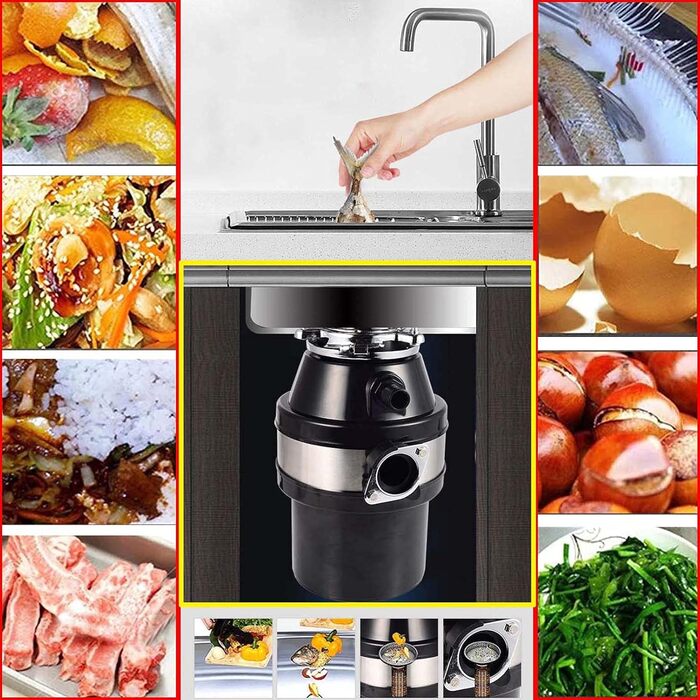 Подрібнювач побутових харчових відходів 370 Вт, багатоступеневий подрібнений подрібнювач кухонних відходів для прибирання сміття, Black Schwarz