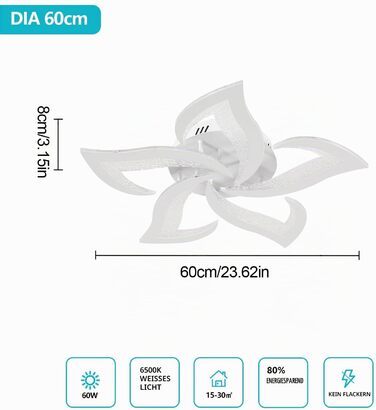 Стельовий світильник Comely LED 60W 6750LM, сучасний дизайн Пелюстка, холодне біле світло 6500K, діаметр 60 см, для вітальні, кухні та спальні