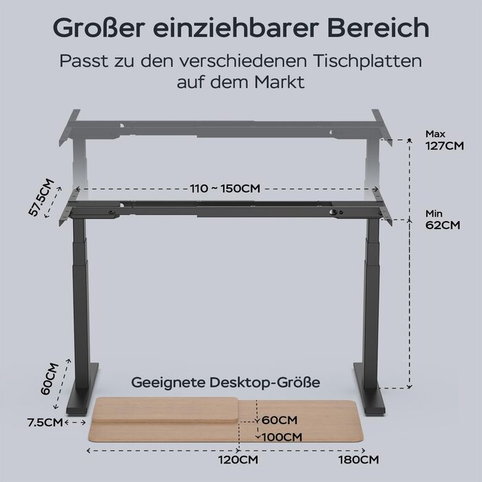 Рама столу DeHong з регулюванням висоти та 2 двигунами, 3-рівнева електрична регульована висота рами столу, функція пам&39яті та плавний старт/зупинка, 6BPLUS чорного кольору