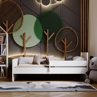 Дитяче ліжко KOBI Max, біле, з поручнями, матрацом та каркасом 160x80 Ліжко для однієї дівчинки та одного хлопчика Комплект дитячої кімнати