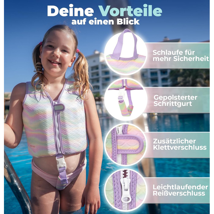 Дитячий рятувальний жилет KIDVERSE - Зручний засіб для плавання для дітей - Безпечне навчання плаванню для хлопчиків та дівчаток - Дитячий рятувальний жилет - Розмір S (15-19 кг) та Розмір M (19-30 кг) Фіолетова Русалка M