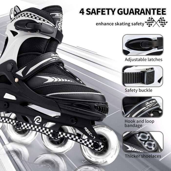 Регульовані роликові ковзани для дітей, хлопчиків та дівчаток ковзани зі світильниками для дітей віком 6-12 років ковзани зі світильниками для жінок та чоловіків на відкритому повітрі чорні, XL (42-44,5)