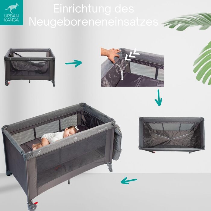 Дитяче ліжечко Urban Kanga QK Plus з регульованою висотою та пеленальний килимок, вкладиш для новонароджених, 60x120 см (сірий меланж)