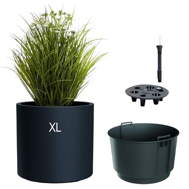 Квітковий горщик MELTOM з вкладишем та системою поливу Круглий та сучасний Морозостійкий та стійкий до ультрафіолету Пластиковий горщик для використання в приміщенні та на вулиці (Антрацит, XL) Антрацит XL