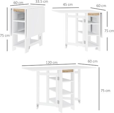 Розкладний обідній стіл HOMCOM, розкладний кухонний стіл, на колесах, з 2 висувними панелями та 3 полицями, сучасний дизайн, кухонний стіл для невеликих приміщень, 120 x 60 x 75 см, білий