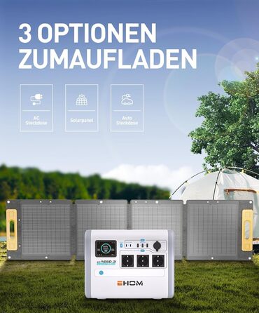 Портативна електростанція EHOM, EP1650 1024Wh LiFePO4 EVE Акумуляторна батарея Сонячний генератор резервний 230V AC/DC/USB, 1650W