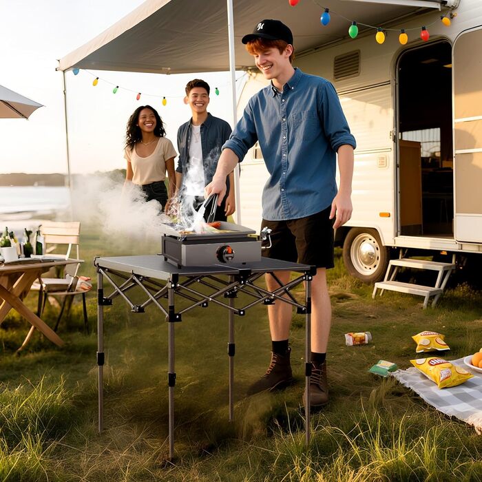 Стіл для кемпінгу Anbte, розкладний стіл 67x58 см (ДxШ), алюміній, стільниця, що згортається, з 2 рівнями висоти (44/70 см), X-подібна конструкція, вантажопідйомність до 150 кг, з сумкою для зберігання для пікніків, саду, балкону, 67 x 58 x 44/70 см