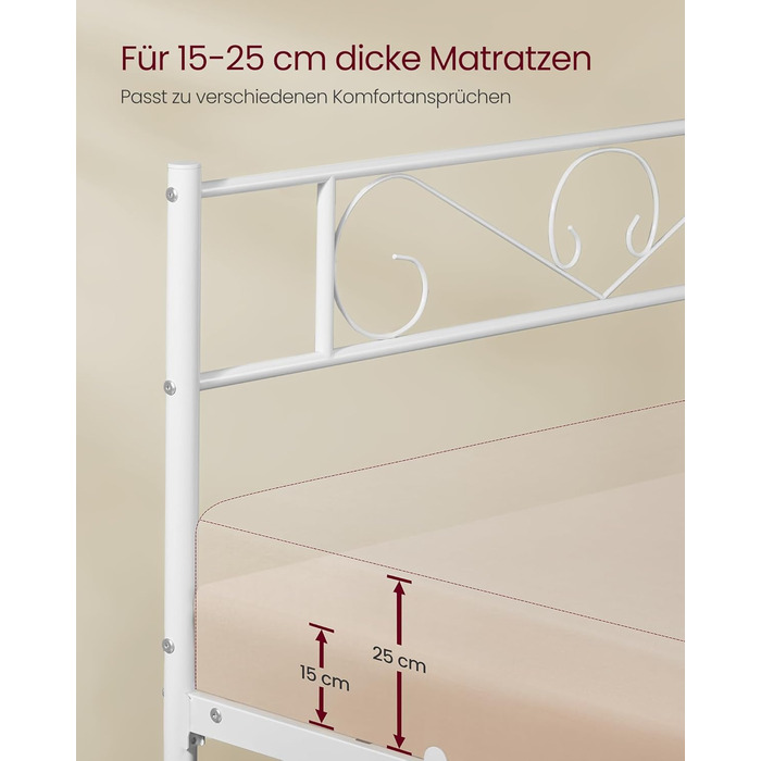 Ліжко VASAGLE 140 x 200 см, Гостьове ліжко, Двоспальне ліжко з металу, Каркас ліжка, Каркас ліжка, Металеве ліжко, Легке складання, Матовий білий RMB064WG01 140 x 200 см Матовий білий