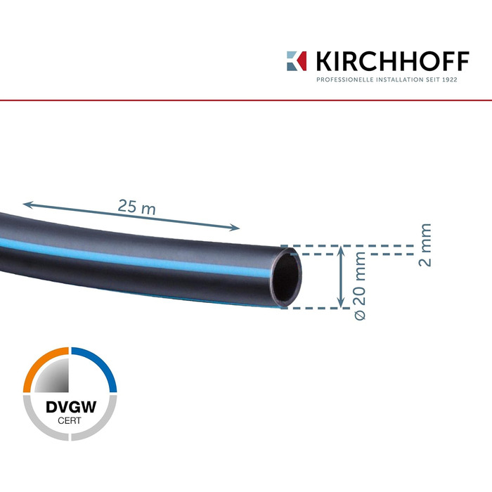 Водопровідна труба Kirchhoff для поливу саду 20 мм х 25 м ПЕ труба для дощувальної системи Труба для прокладки ПНД DVGW труба для питної води Зроблено в ЄС 20мм 25м