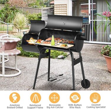 Гриль-коптильня вугільний KOMFOTTEU з димарем, 2-в-1, з термометром та колесами. Сталевий гриль-коптильник з бічним столиком та нижньою полицею, мобільний гриль-візок для пікніків, BBQ, 115x65x108 см