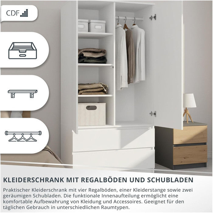 Шафа CDF Біла, ширина 90 см, дитяча кімната, спальня, 2 шухляди, 2-дверна шафа, сучасний вигляд, все для складання в комплекті, одяг, іграшки, біла, без дзеркала