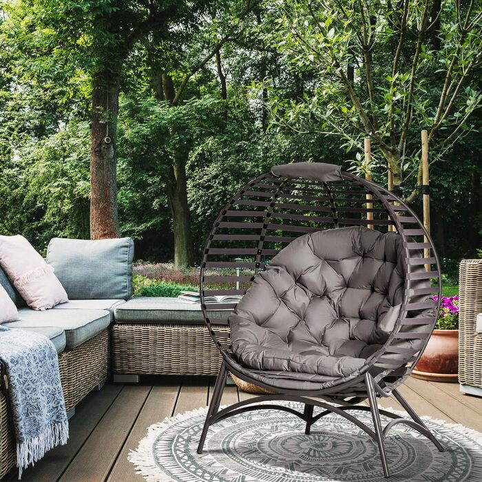 Крісло Outsunny Papasan Садове крісло з подушкою Плетене крісло Овальне крісло для відпочинку Складний кошик для балкона Патіо Indoor Пісок Коричнева сталь 118 x 75 x 139 см