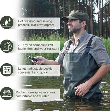 Вейдерси, водонепроникні рибальські вейдерси з нейлону 70D, композитні ПВХ, рибальські штани з нековзними гумовими чобітьми, вейдерси для ставка, вейдерси для захисту від повені, для будівельних майданчиків, риболовлі, ферм, садів, розмір 45 з гачками