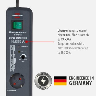 Розетка Brennenstuhl Secure-Tec 8-місна з захистом від перенапруги та функцією слідкування (8-місна розетка з кабелем 3 м та вимик