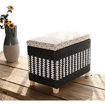 Кошик для зберігання з ротанга, пуф, багатофункціональна підставка для ніг з лози з основою з масиву дерева для організації вітальні 50x30x30 см Чорний