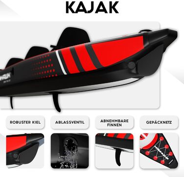 Надувний човен, Каное, Каяк для пригод 490 x 85 см, Сумка для каяка, Насос, Сидіння, Весло зі скловолокна, 490 Red