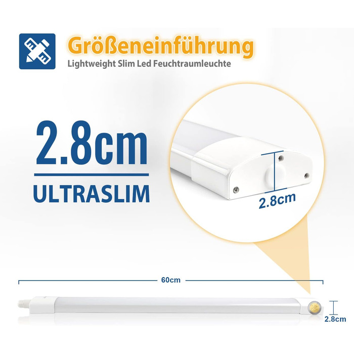 Світлодіодний вологонепроникний світильник 60 см, 18 Вт 1800LM світлодіодний трубчастий денний ліхтар, послідовне підключення, нейтральний білий 4000K, IP66 водонепроникний вологонепроникний світильник для гаража Підвал Майстерня Ванна кімната Офісний кор