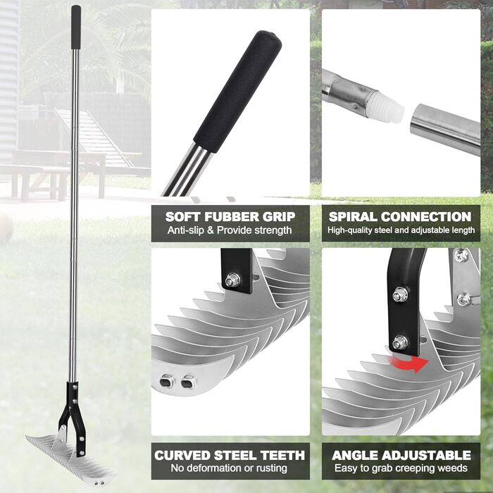 Гребінь для сінокосарки 38,1 см, регульована ручка, граблі з регульованими зубцями, інструмент для видалення бурянів, граблі для видалення сухої трави, розчісування газону та аерації