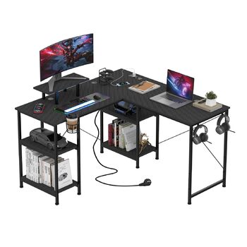 Ігровий стіл 210 x 50 см з розеткою та USB-портом, 3 варіанти встановлення, L-подібний ігровий стіл з полицею для монітора, ігровий стіл для ПК з карбоновою поверхнею