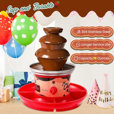 Рівнева міні-машина для шоколадного фонтану Huanyu Huanyu 10 бамбукових шампурів знімний лоток 450 г шоколадного фондю Фонтан для вечірки День народження Весілля Шоколад Сир Начо Соус барбекю Лікери (червоний), 3-