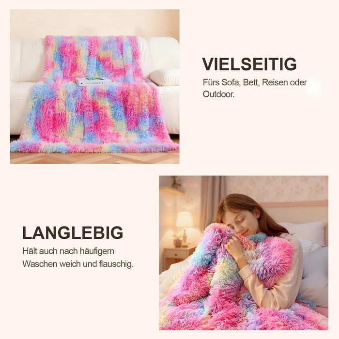 Пухнастий плед KANKAEU, надзвичайно м&39який та двосторонній райдужний плед 160x200 см, для дивана, ліжка та як декоративний плед, можна прати в пральній машині, ідеальний подарунок на зиму та Різдво, райдужний 160 200 см