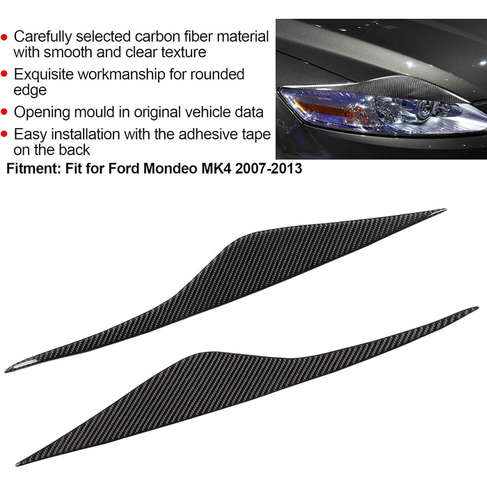 Автомобільна легка брова, 25,6x3,2 дюймова фара з вуглецевого волокна Повіки для брів Декоративний декор підходить для Mondeo MK4 2007-2013, 2 шт.