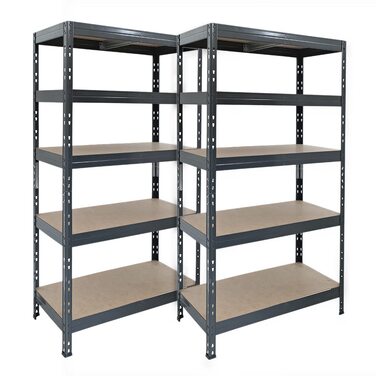 Посилений стелаж Rivet, комплект з 2 шт., з HDF-плитами, 180x90x45 см (ВxШxГ), 5 полиць, вантажопідйомність 250 кг на полицю, антрацитово-сірий. Безригельний стелаж, металевий стелаж, стелаж для підвалу, стелаж для зберігання, стелаж для майстерні, стелаж