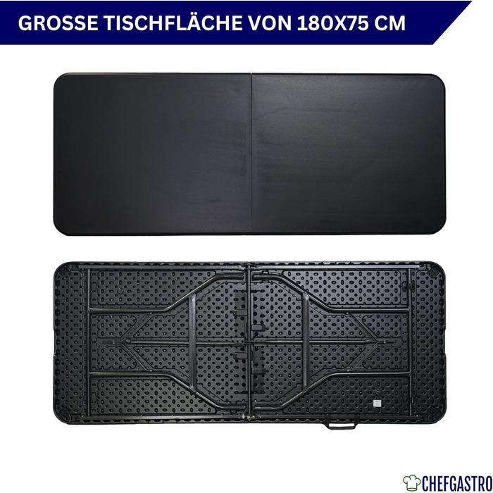 Складаний фуршетний стіл 180x75 см, водонепроникний садовий стіл з ручкою для перенесення, 8 осіб, пластиковий чорний, складаний стіл, портативний кемпінговий стіл на відкритому повітрі для саду, тераси, балкону, вечірки, фуршетний стіл, гладкий чорний