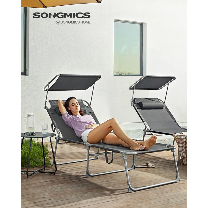 Великий складаний шезлонг SONGMICS, 200 x 71 x 38 см, вантажопідйомність 150 кг, з сонцезахисним тентом та регульованою спинкою, для саду, басейну, тераси, темно-сірий GCB22GYV2 антрацит