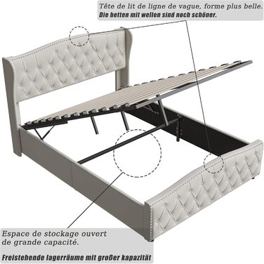 М&39яке ліжко 140x200 з місцем для зберігання, гідравлічне ліжко з місцем для зберігання, дитяче ліжко з узголів&39ям, каркас двоспального ліжка з ящиком для зберігання та рейковою основою, без матраца, оксамит (Бежевий 2, 140 x 200 см) Бежевий 2 140 x 20