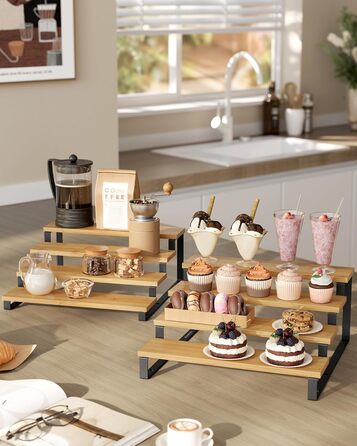 Стелажі для спецій, кухонні полиці, кухонний органайзер, комплект з 2 шт., дерев&39яний композит, 4 полиці кожна, висувні, штабелюються, для комори, стільниця, натуральний бежевий-чорний колір KCS216N01 Натуральний бежевий чорний, 4 яруси (31,9 Г x 14,8 В