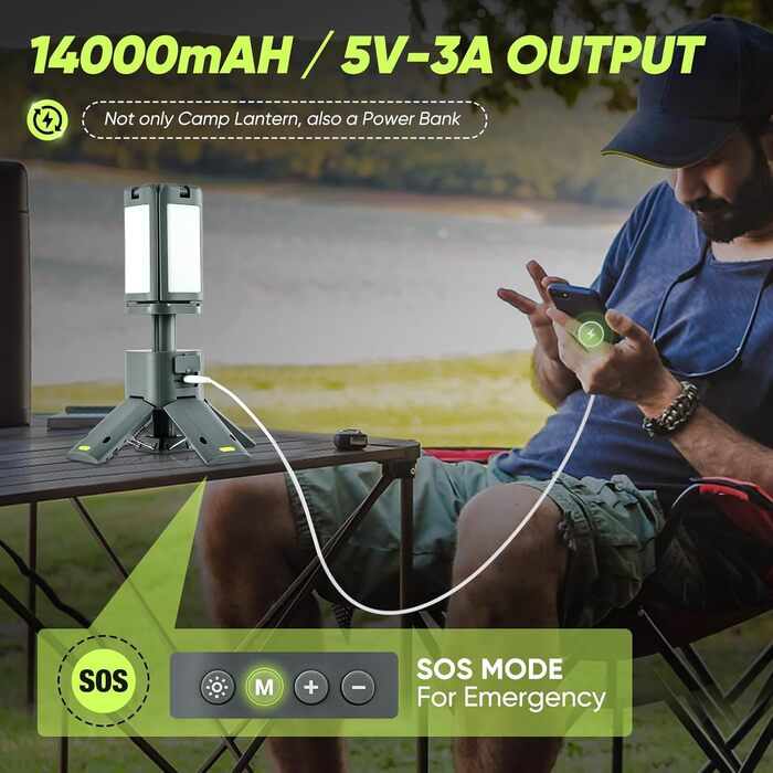 Телескопічний кемпінговий ліхтар, акумуляторні кемпінгові ліхтарі ємністю 14000 мАг з портативним блоком живлення, магнітні ліхтарі для наметів з регульованою яскравістю, 6000 люмен, робочий ліхтар для піших прогулянок, кемпінг, темно-сірий