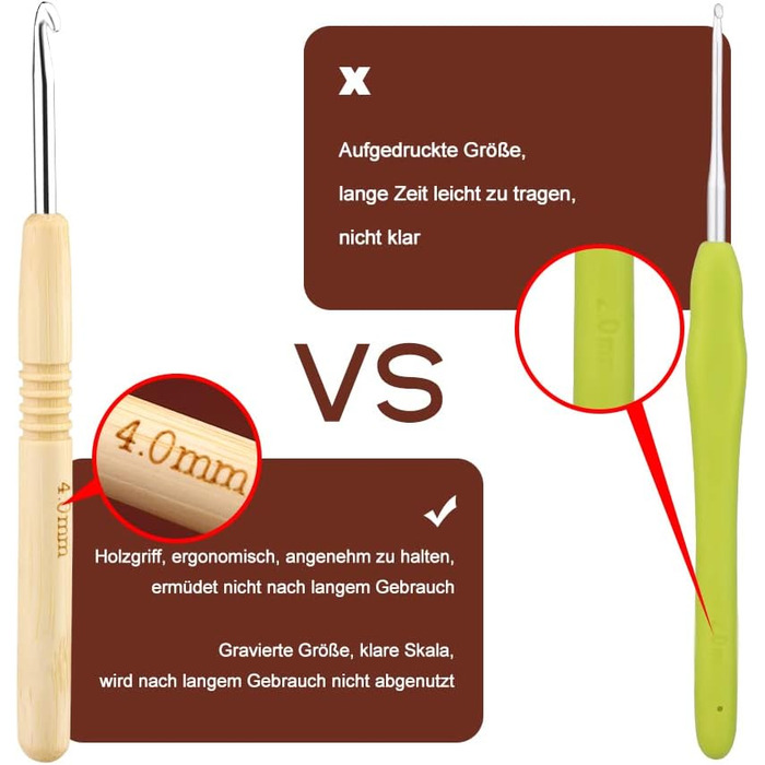 Гачок для вязання 4 мм, ергономічна рукоятка для рук, хворих на артрит, надзвичайно легкі спиці для вязання з деревяною ручкою для початківців та пряжа для вязання (4 мм)