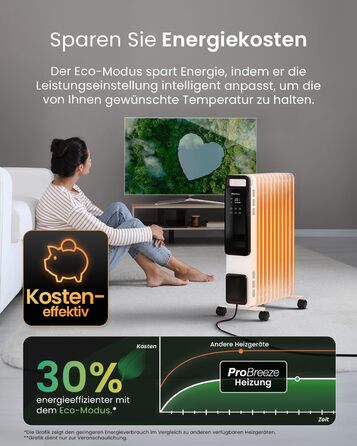 Масляний радіатор Pro Breeze OmniWarm потужністю 2500 Вт з 11 ребрами, електричним нагрівом - енергозберігаючий масляний радіатор, 3 режими нагріву, регульований термостат, 24-годинний таймер, сенсорний дисплей та функція безпечного відключення, білий - н