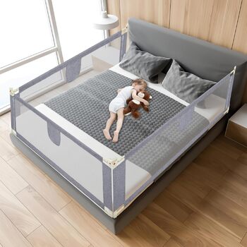 Бортики для ліжка, захист від падіння, 2 x 200 см 1 x 180 см, регульовані по висоті дитячі бортики для ліжка 64-96 см, захисні бортики для ліжок малюків, бортики для дитячого ліжка з повітропроникною сіткою - сірі, 2 x 200 см 1 x 180 см