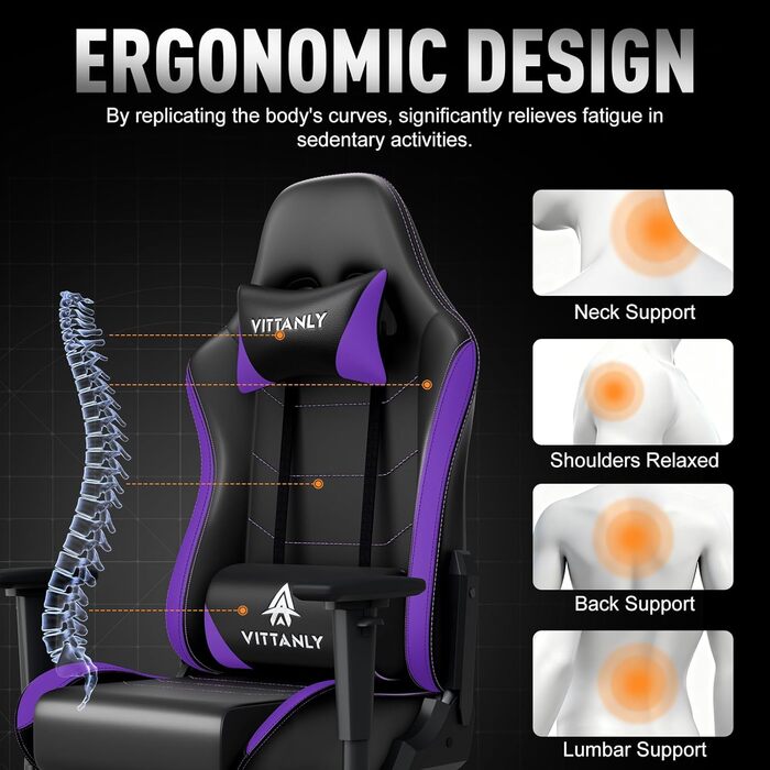 Ігрове крісло Vittanly, ергономічне ігрове крісло з підголівником та поперековою опорою, регульоване по висоті поворотне ігрове/офісне крісло з регульованою спинкою 90-165, вантажопідйомність 150 кг, фіолетове