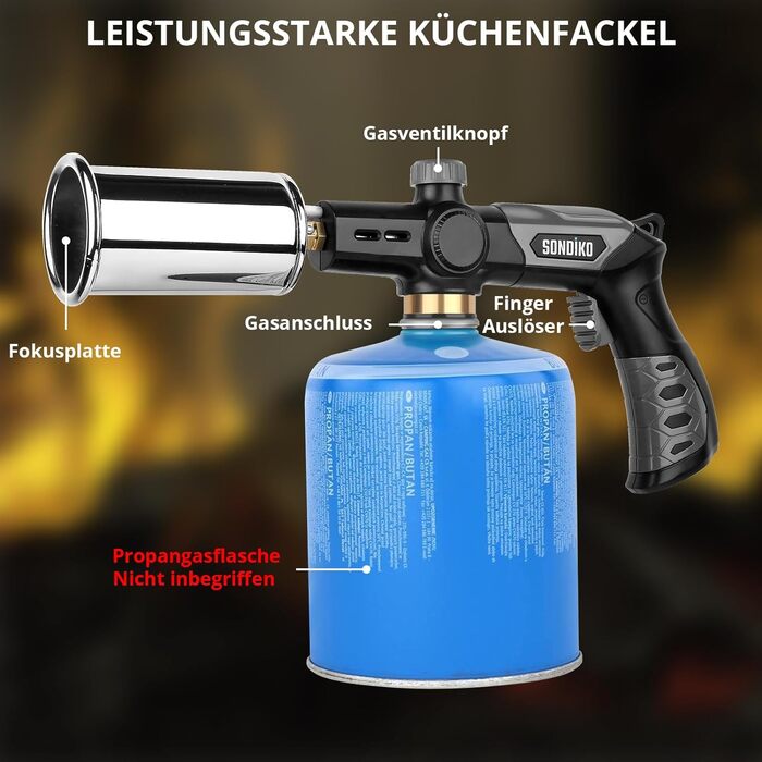 Потужний пальник для гриля та приготування їжі Sondiko L8010, Sous Vide, кухонний факел з пропаном, стартер для багаття, регульова